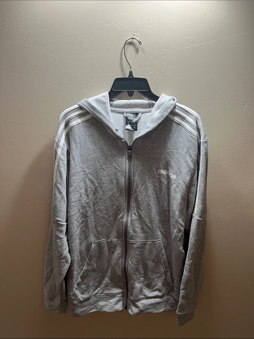 adidas Men’s Light Gray Full-Zip Hooded Jacket with Three Stripes